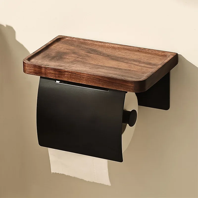 No Drill Walnut Wood Bathroom Tissue Box, Wall Mount Roll Dispenser with Baffle & Shelf, Single & Double Roll Option