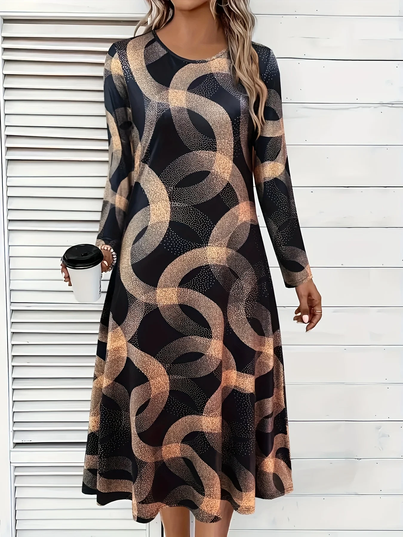 새로운 봄/가을 우아한 긴소매 프린트 원피스