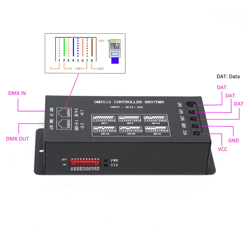 H807DMX DMX512 Controller DMX SPI Decode 1024 pixels RGB Controller 14 Channels DMX Controller For WS2812 WS2813 DMX Stage Light