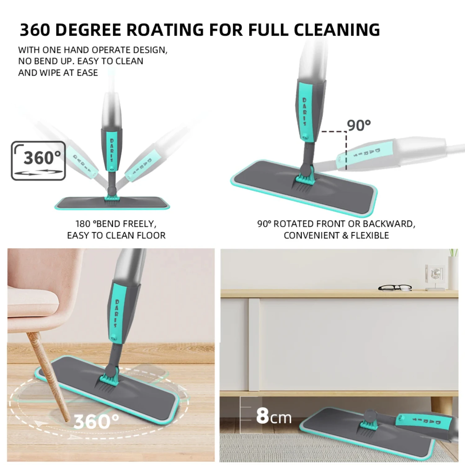 Efficient Magic Microfiber Broom and Mop for Floor Cleaning with 360 Degree Rotation and Flat Spray Design for Ultimate Cleaning