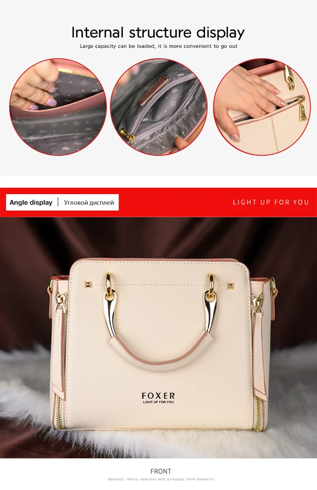 FOXER Split Leather Shoulder Bag Women Top Handle Handbag Female Large Capacity Tote Bag Simple Luxury Crossbody Purse