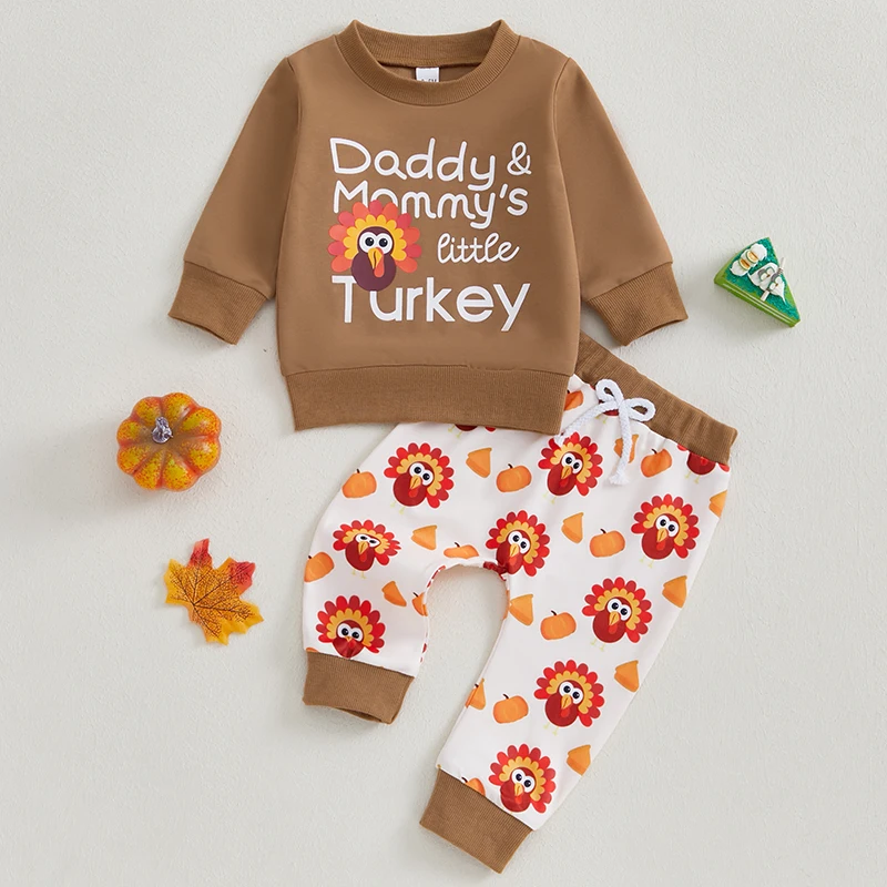 2024-07-31 Lioraitiin Toddler Girls Boys Thanksgiving Set Turkey Print Long Sleeve Round Neck Sweatshirt Long Pants Fall Outfits