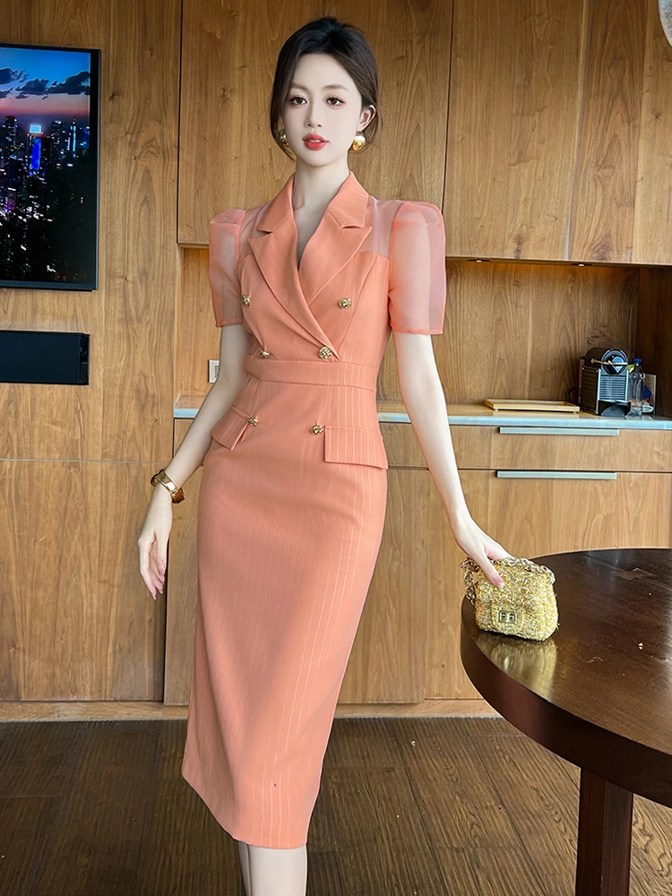 New Summer Elegant Office Business Formal Occasion Dress Women Clothes Mesh Sheer Striped Short Sleeve Slim Midi Pencil Vestidos