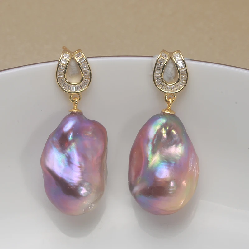 

100% Natural Freshwater Baroque Pearl Earrings - Dazzling Gold and Purple Sterling Silver 925 Women's Gift (15-23mm) PEARL EAX