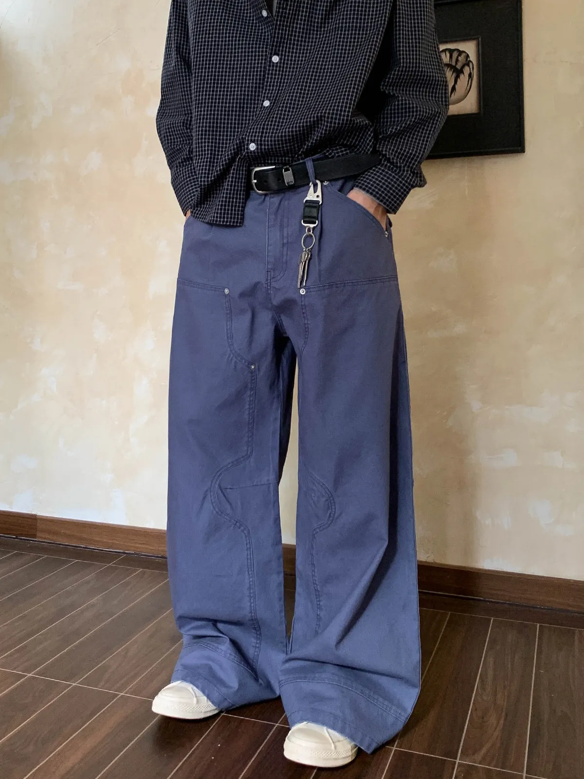 

American High Street Premium Folded Washed Straight Leg Men's Work Trousers Casual Loose Fit Jeans mid Waist Zipper Closure