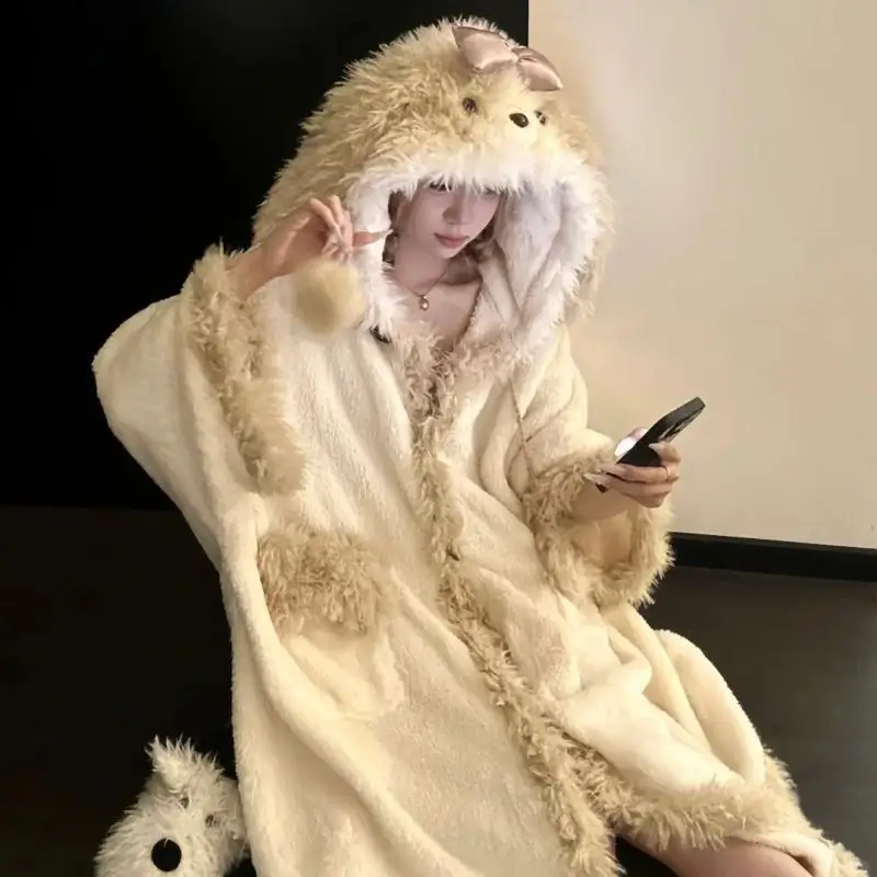 Cartoon Puppy Hooded Pajama Set Robe Women Winter Thick Coral Fleece Warm Fluffy Home Loungewear with Bow Pajama Festival Gift