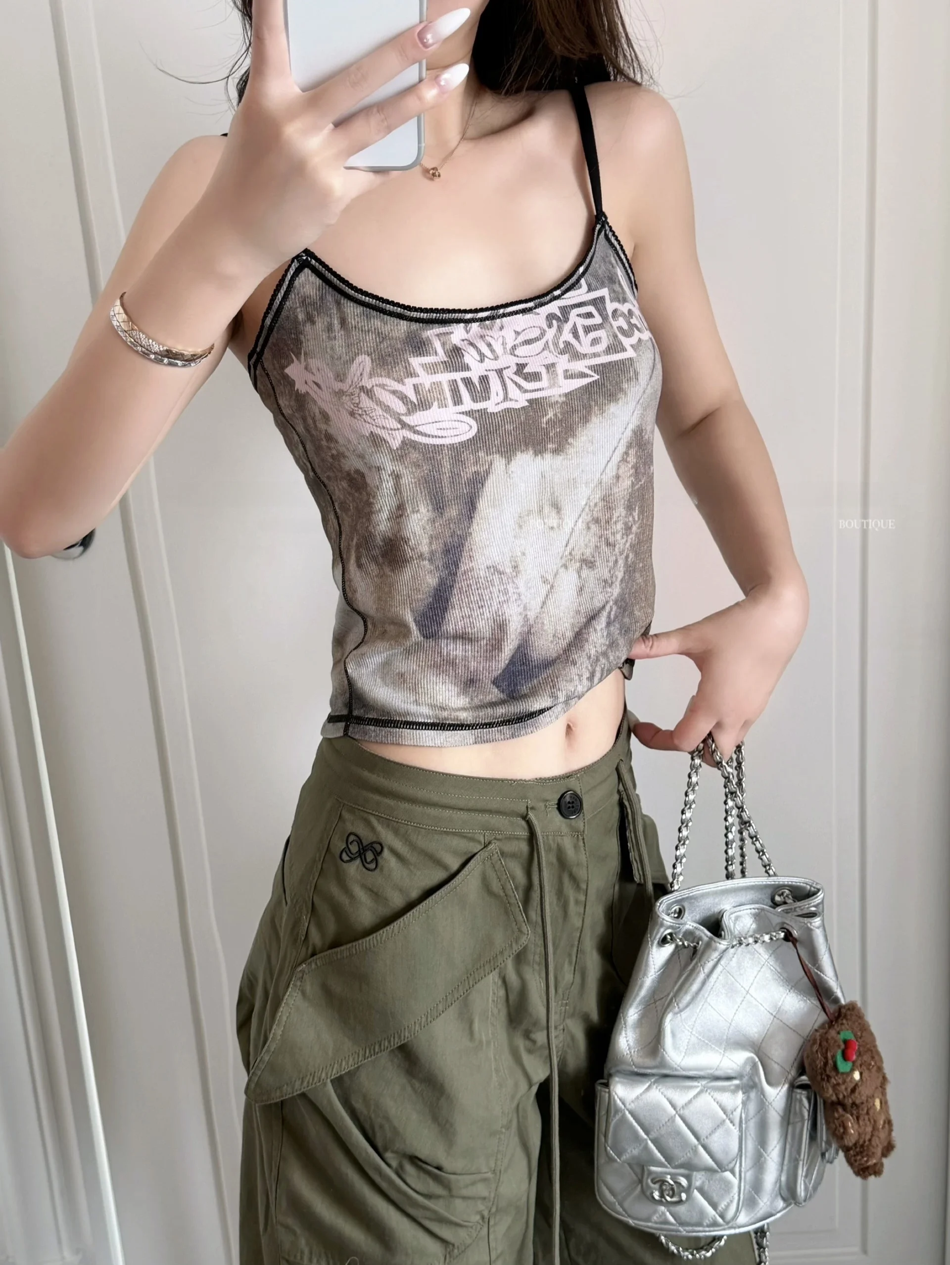 

Американский ретро-топ с камуфляжным градиентным принтом в стиле сексуальной девушки, женский облегающий топ-халтер с камуфляжным принтом