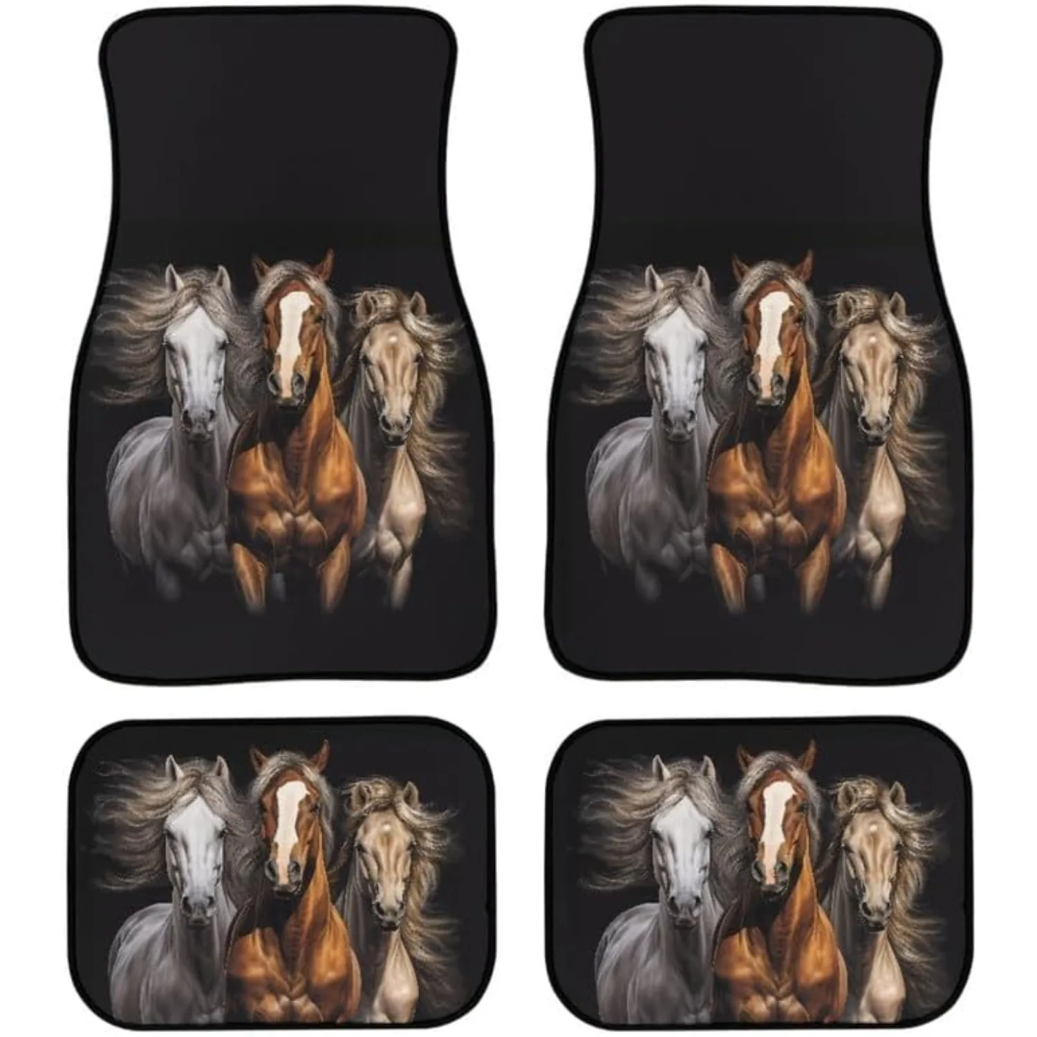 Complete Set Of 4 3D Rubber Floor Mats Featuring A Vibrant Horse Design, Suitable For All Vehicles, Providing Classic Foot Cover