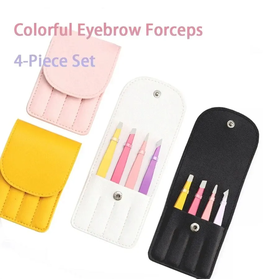 Christmas Gift Beauty Tweezers 4-piece Set Of Colorful Stainless Steel Professional Eyebrow Clip False Eyelash Makeup Tools