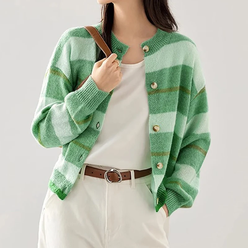 

Fashion Striped Knitted Cardigan for Women 2025 Autumn New Long Sleeved Soft Sweater Korean Style Round Neck Short Tops