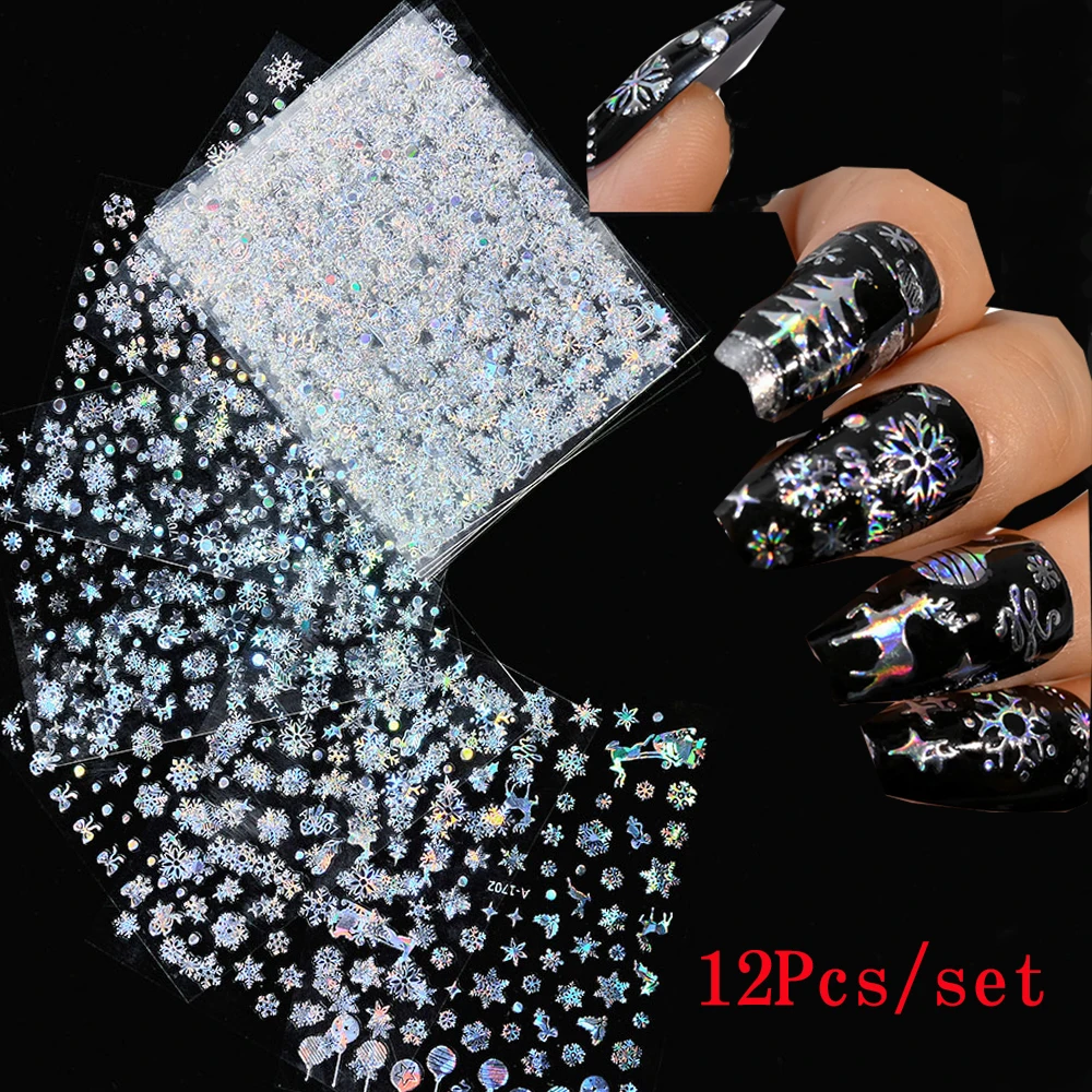 12Pcs Laser Sliver Flocos De Neve Alce Etiqueta Do Prego 3D Natal Auto Adesivo Decalque Inverno Ano Novo Sliders Manicure Decoração