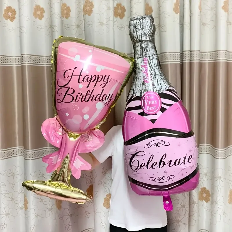 2Pcs （39Inch）Happy Birthday Champagne Bottle and Glass Large Decorative Balloon, Room Decoration, Scene Decoration