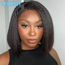 Lekker Short Kinky Straight Side Part Lace Bob 100% Human Hair Wig For Women Brazilian Remy Hair Natural Dark Glueless Yaki Wig
