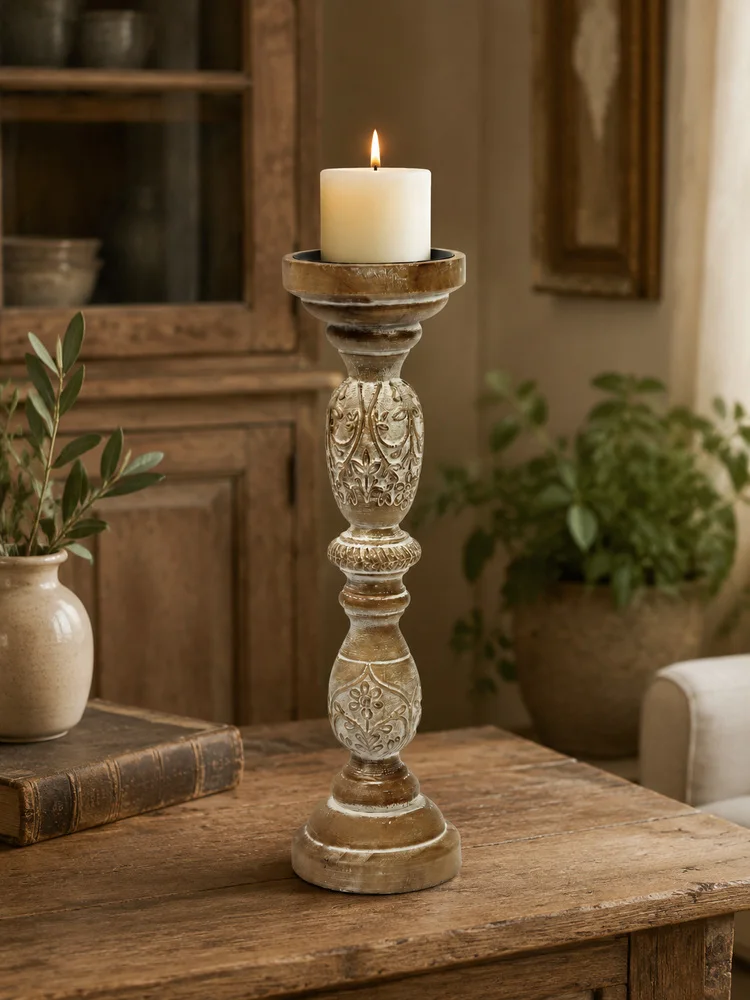Vintage Wooden Candle Holder 37cm Tall Hand Carved Distressed Pillar Candlestick Farmhouse Table Wedding Home Decor Centerpieces