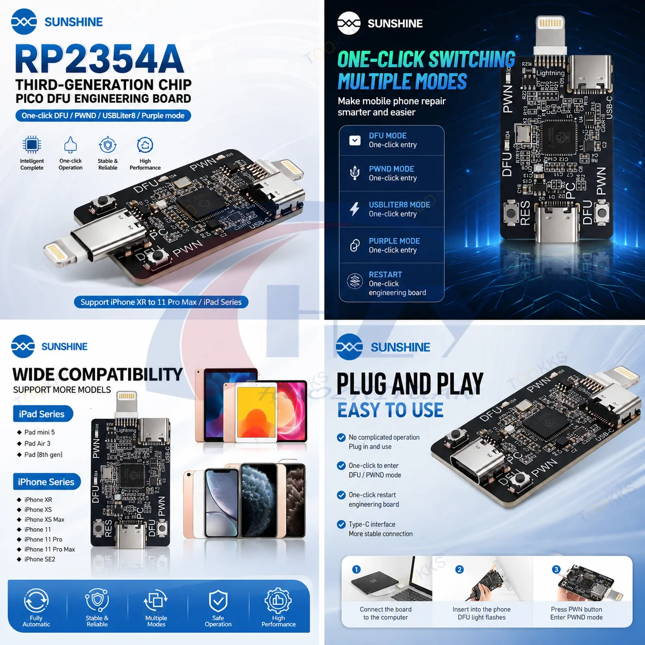 SUNSHINE PIC0 DFU RP2354A One Click DFU No Unplug/No Reboot Required/Recovery/Download Mode Auto-Detect For iPhone X-11PM Repair