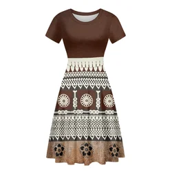 Polynesian Tribal Clothes Samoa Fijian Masi Tapa Print Short Sleeve O-Neck Casual Women Brown Dresses Summer 2023 Office Wear