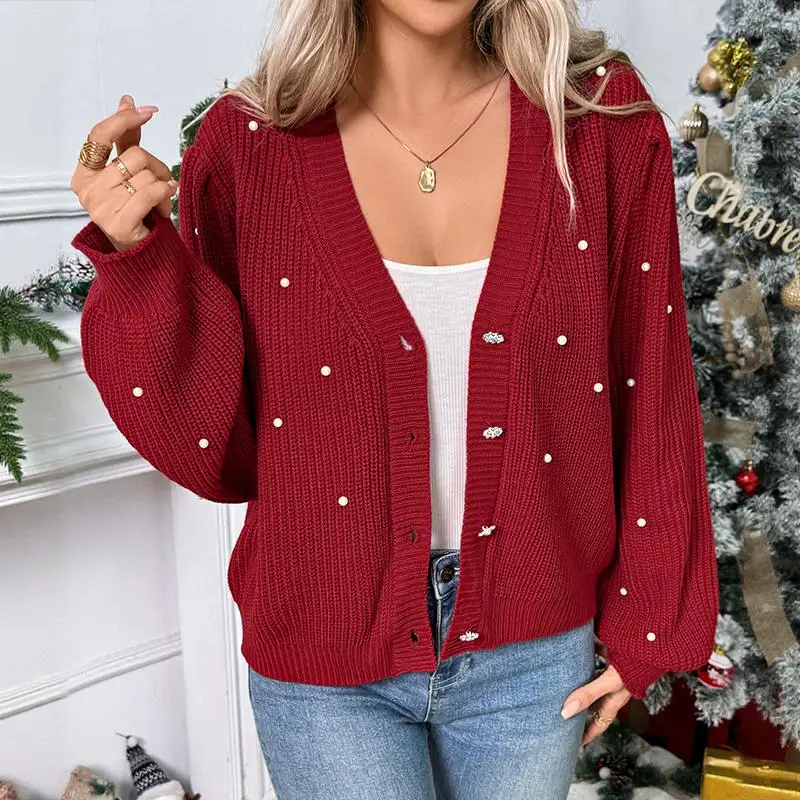 سترة نسائية محبوكة باللون الأحمر لعيد الميلاد ورقبة على شكل حرف V وأكمام طويلة مع زر زهور لؤلؤية سترة دافئة كاجوال فضفاضة #3