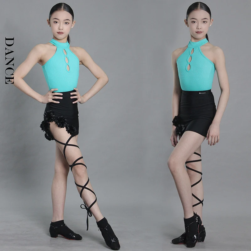 

Summer Latin Dance Suit 2025 New Girls Sleeveless Leotard Blue Wrap Skirt Black Latin Rumba Performance Dress Practice Wear 1809