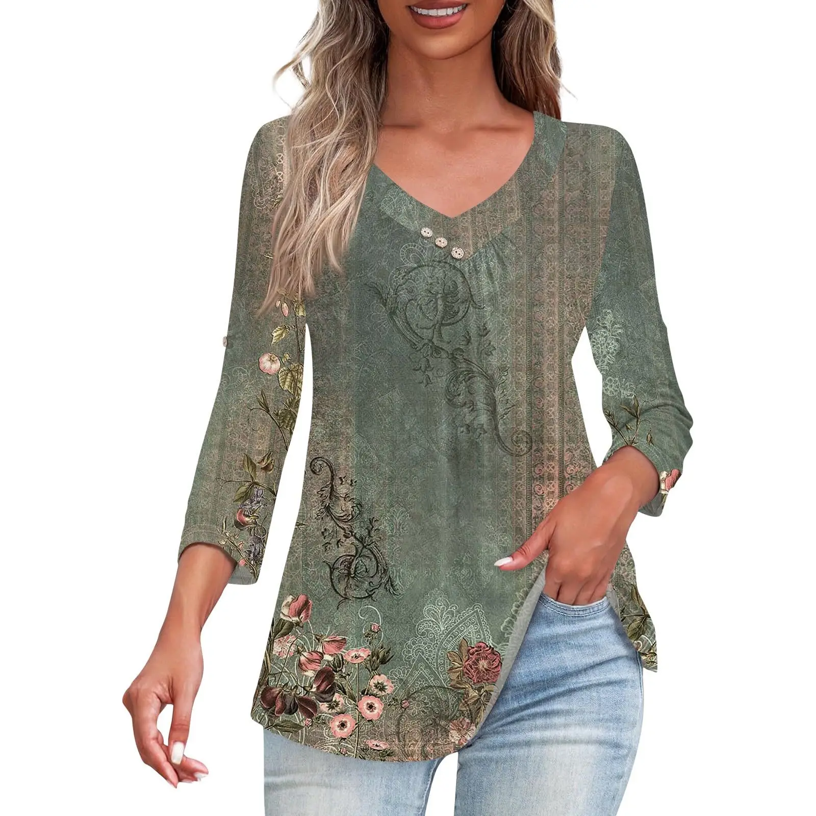 

Women's Shirt Print Button 3/4 Sleeve V-neck Blouses Trendy Casual Blouse 2024 Autumn Commute Vintage Women Going Out Shirts Top