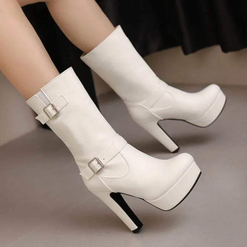 

Сапоги до колена, женские осенне-зимние сапоги из искусственной кожи на высоком каблуке, вечерние ботинки с пряжкой на ремне, модные ботинки на платформе, фетиш-обувь, большой размер 50,