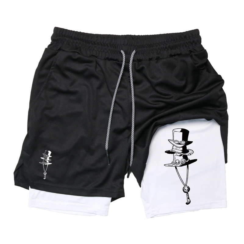 Hut-Grafikdruck, 2-in-1-Shorts für Herren, Sommer, sportlich, schnell trocknend, Shorts, Fitnessstudio, Workout, Laufshorts mit Handytasche, Activewear