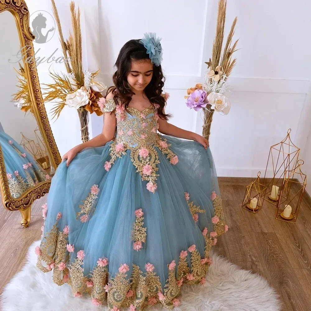 Robe longue à fleurs pour petite fille, tenue de Rhd'anniversaire, de princesse, de mariage, magnifique, avec appliques dorées