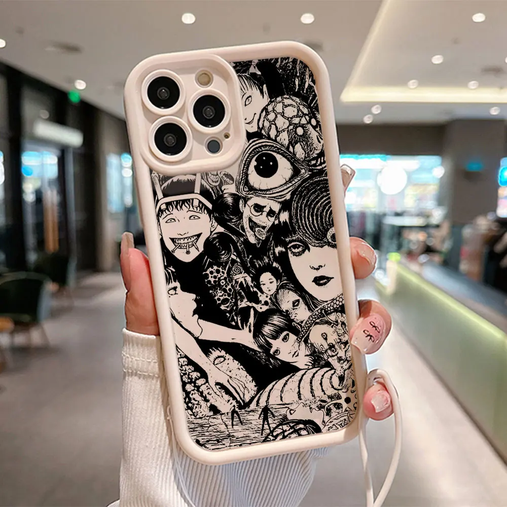 Junji Ito horror Hot Anime Custodia per telefono per IPhone 15 14 13 12 11 Pro Max Mini XR XS 7 8 Plus Cover posteriore morbida in TPU con cinturino