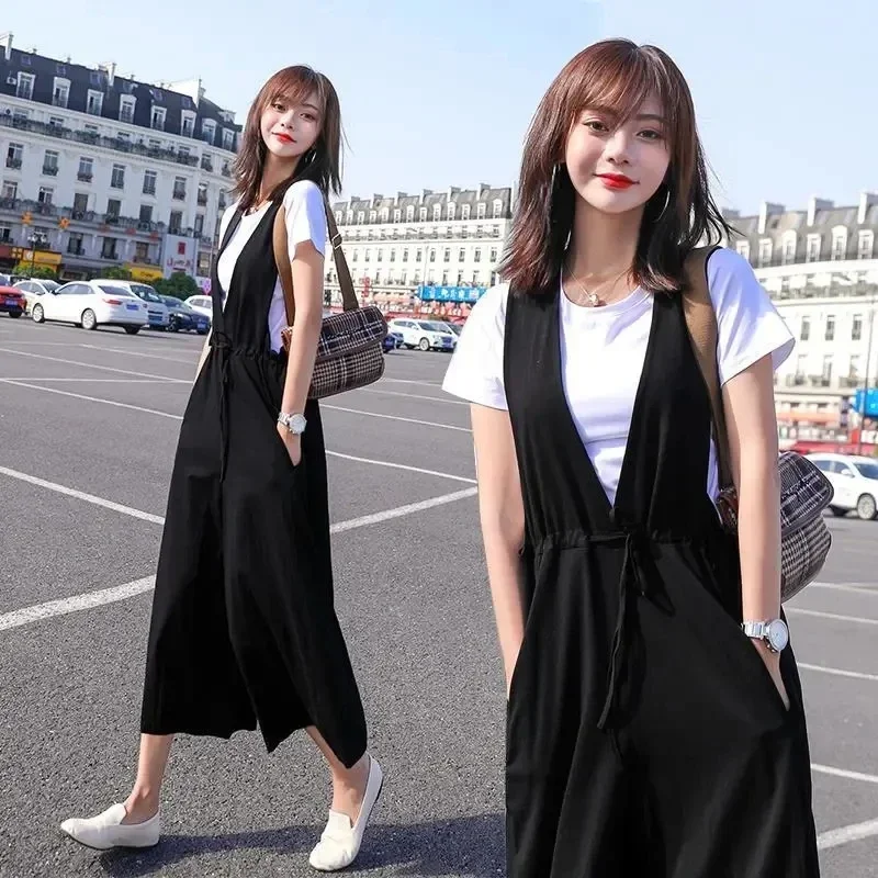 

One Piece Jumsuits for Women Summer New Stylish Overalls Korean Wide Leg Calf Legnth Pants Jump Suits Slim Fashion Outfits L34