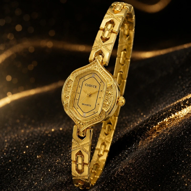 

Luxury Golden Ladies Quartz Watch Antique Carved Irregular Dial Bracelet Watches for Women Elegant Slim Jewelry Wrist Clock Gift