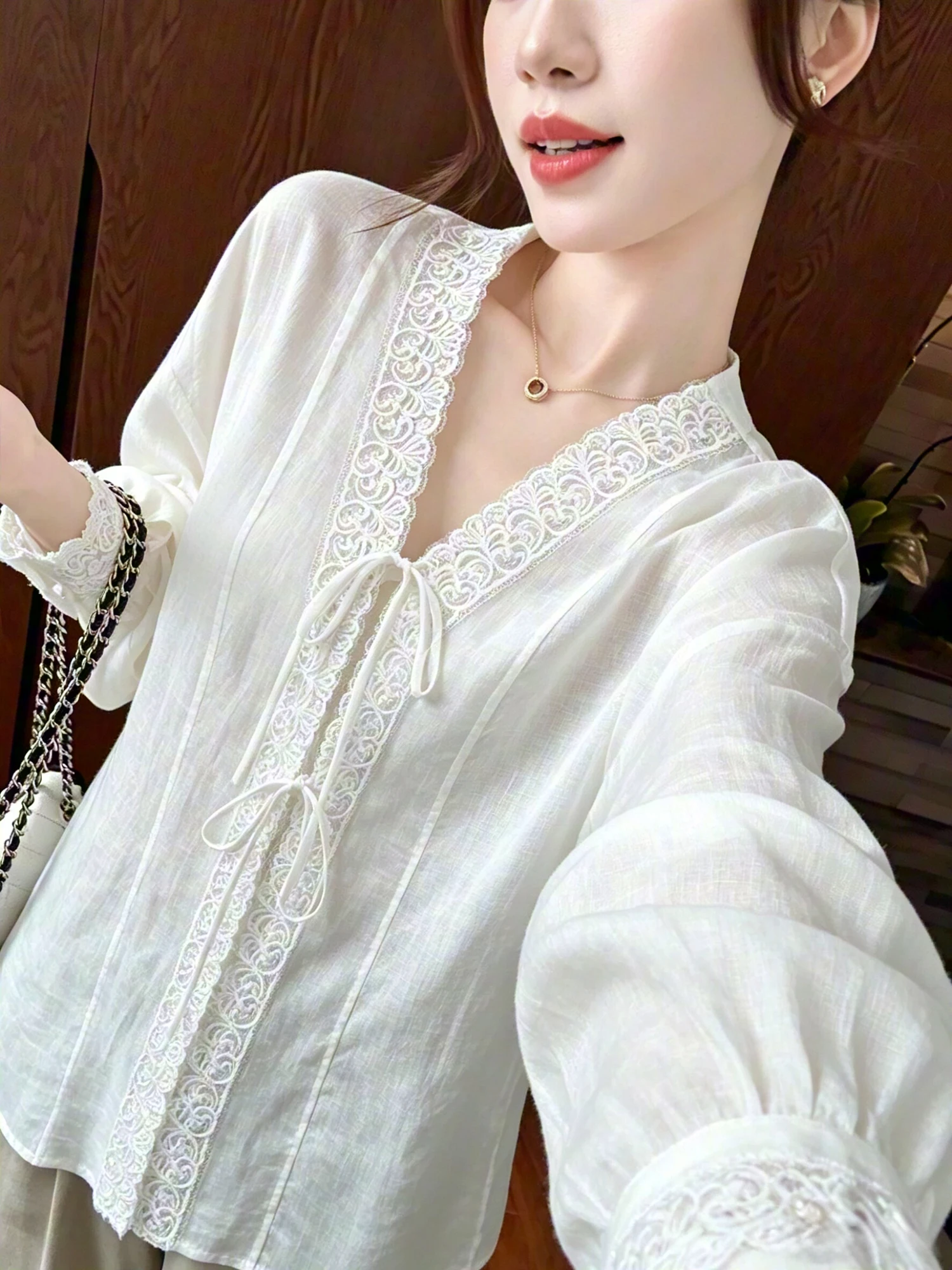 You See Women's Lace Trim Shirt Korean Style Loose Fit Button Detail Knot Transparent Long Sleeve V Neck