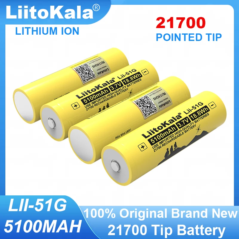 Original LiitoKala Lii-51G 21700 3.7V 5100mAh Lithium ion Battery for Flashlight batteries+Pointed tip Grade A