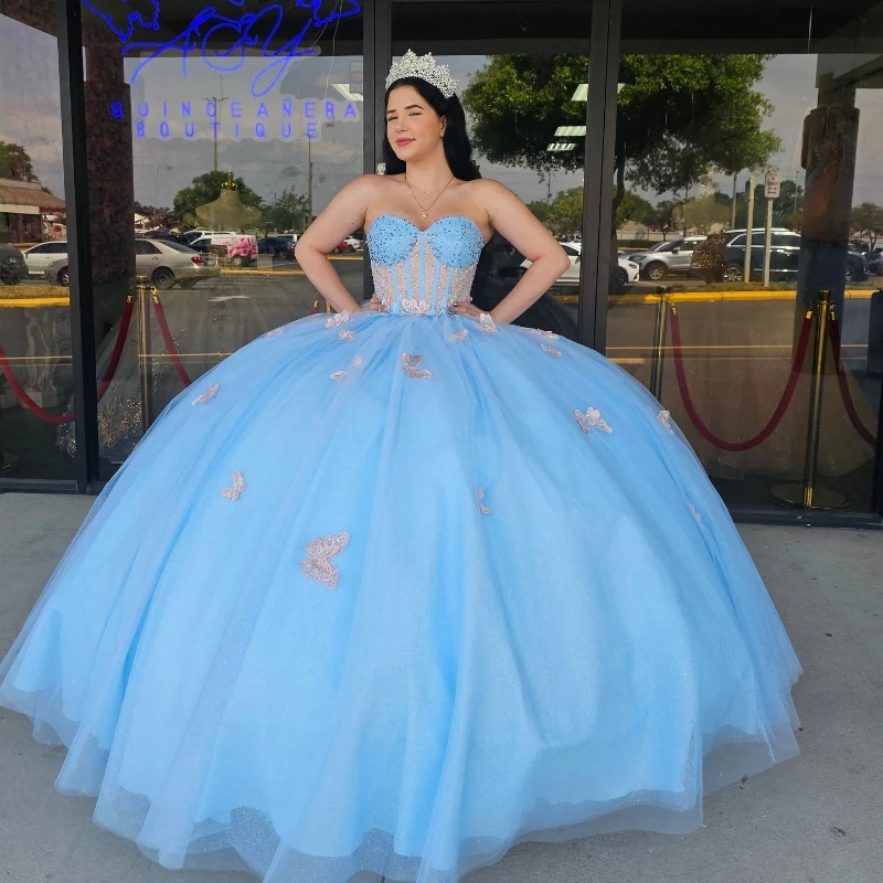 

Sky Blue Shiny Quinceanera Dresses Off The Shouder Bow Beads Tull Ball Gown Birthday Party Dress Sweet 16 Vestido De 15 Anos