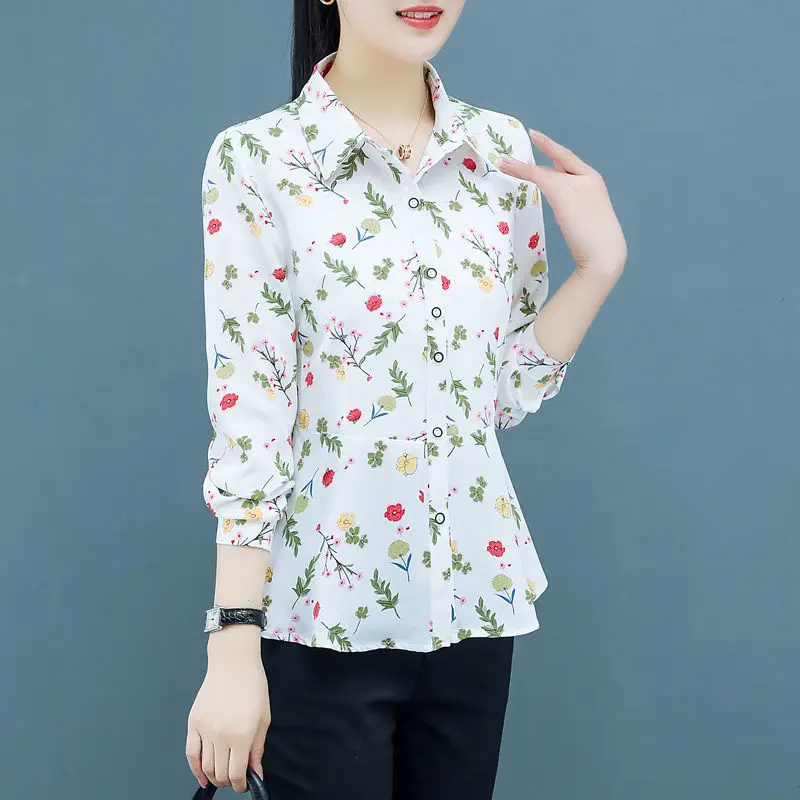 New All-match Long Sleeve Women\'s Clothing 2023 Spring Printing Elegance Female Tops POLO Collar Button Slim Chiffon Shirt