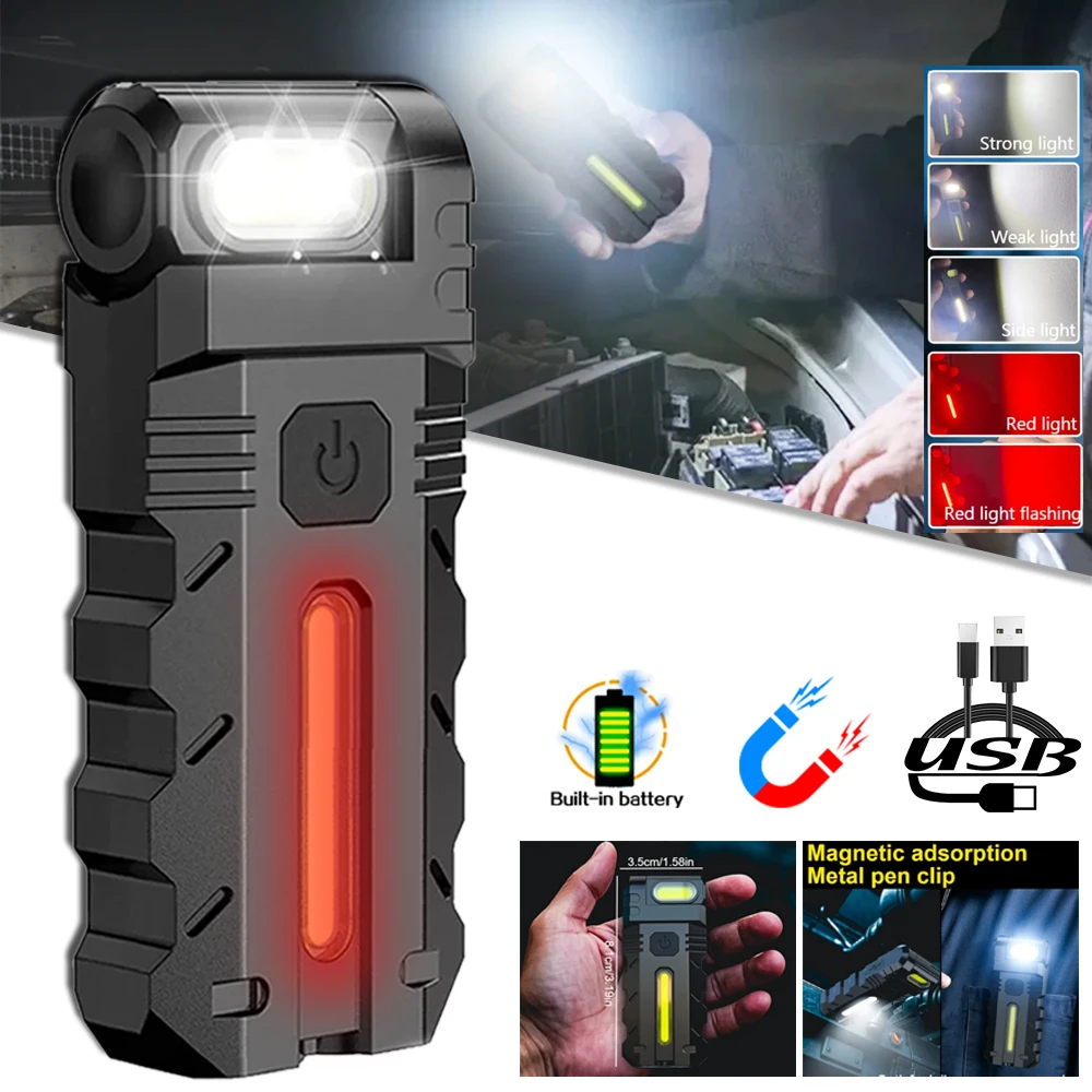 

Портативный рабочий фонарь, перезаряжаемый через USB светодиодный фонарик 180 ° Вращающийся зажим для рыбалки, кемпинга, магнитная водонепроницаемая аварийная лампа