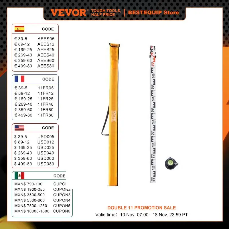 VEVOR Aluminum Grade Rod 4M Metric Telescopic Measuring Rod Double-Sided Scale in CM/MM Leveling Rod Stick Aluminum Alloy Survey