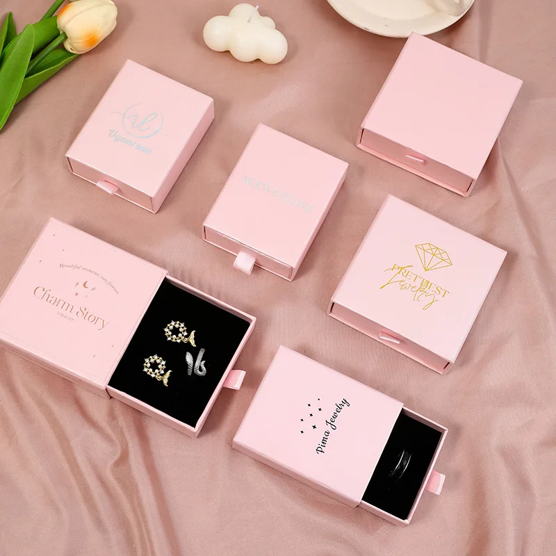 Wholesale 100pcs/lot Custom Pink Paper Jewelry Boxes With Logo Jewelry Gift Packaging Boxes Earring Necklace Bracelet Ring Boxes