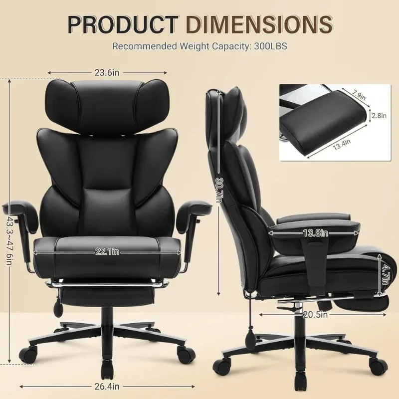 Office Chair with Foot Rest and Waist Lumber Support, Ergonomic Gaming Chair with Adjustable Height Headrest, High-Back Leather