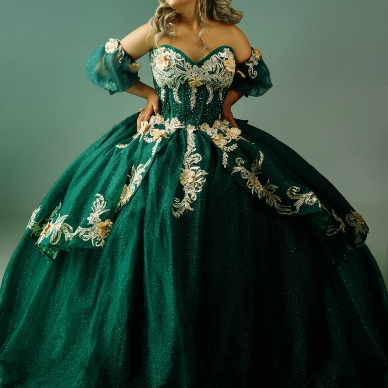 

Темно-зеленые блестящие платья Quinceanera с открытыми плечами и аппликацией из цветов и бусин с бантом из тюля для вечеринки, дня рождения, милое платье 16, Vestidos 15