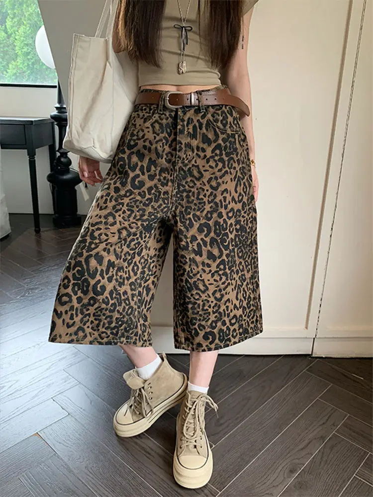 レオパード柄クロップドパンツ レディース 夏 2025 新作 スリム ハイウエスト ハイストリート ワイドレッグパンツ