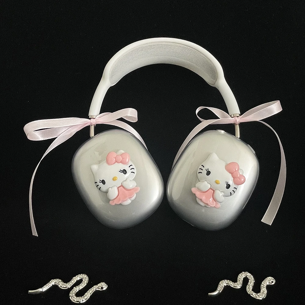 Soft Slicone Headphone Cases For Apple Airpods Max 3D Cute Cartoon Hello Kitty Pink Bow Clear Protective Cover For Airpods Max