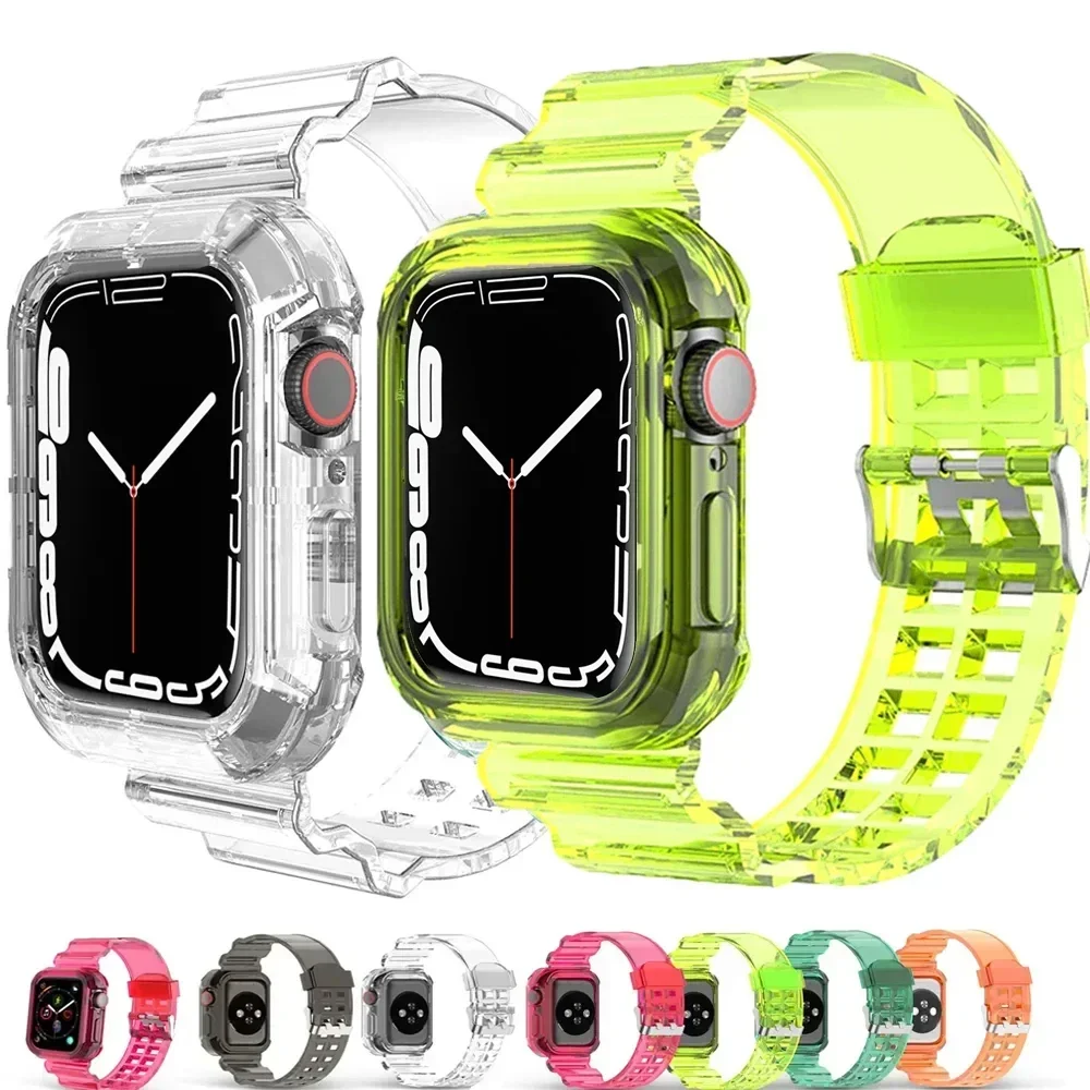 Прозрачный ремешок + чехол для Apple Watch Series 9 8 7 6 SE 5 49 мм 45 мм 44 мм 42 мм 41 мм Прозрачный пластиковый ремешок для iwatch 3 38 мм 40 мм