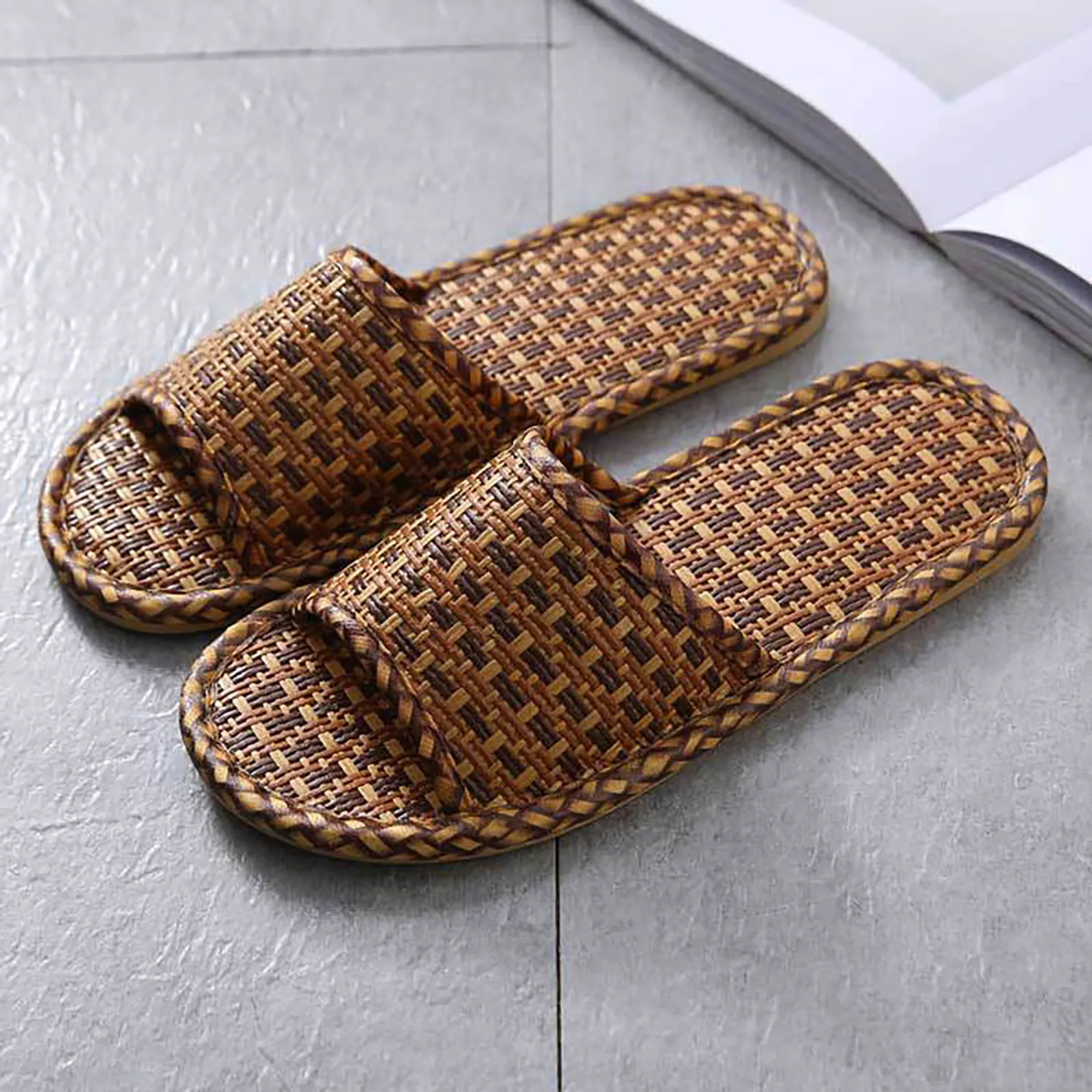 Rattan Linen Home Slippers for Women Men Summer Wisteria Woven Cooling Floor Indoor Slides Unisex Bedroom Shoes Mujer Zapatilla