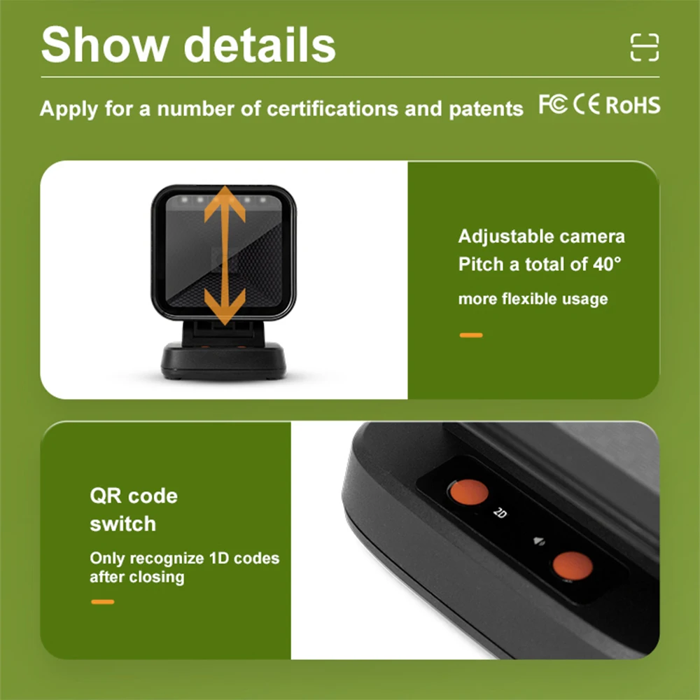 Imagem -04 - Barcode Scanner Mãos-livres com Plataforma de Digitalização de Alto Desempenho 1d 2d Leitor de Código qr Desktop Exposição Global Flat Retail Pay