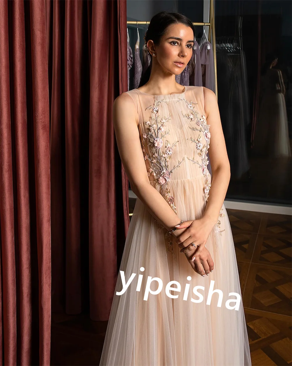 Tulle Applique Plissado Party Gown, Straight Jewel Bespoke, Ocasião, Vestidos longos