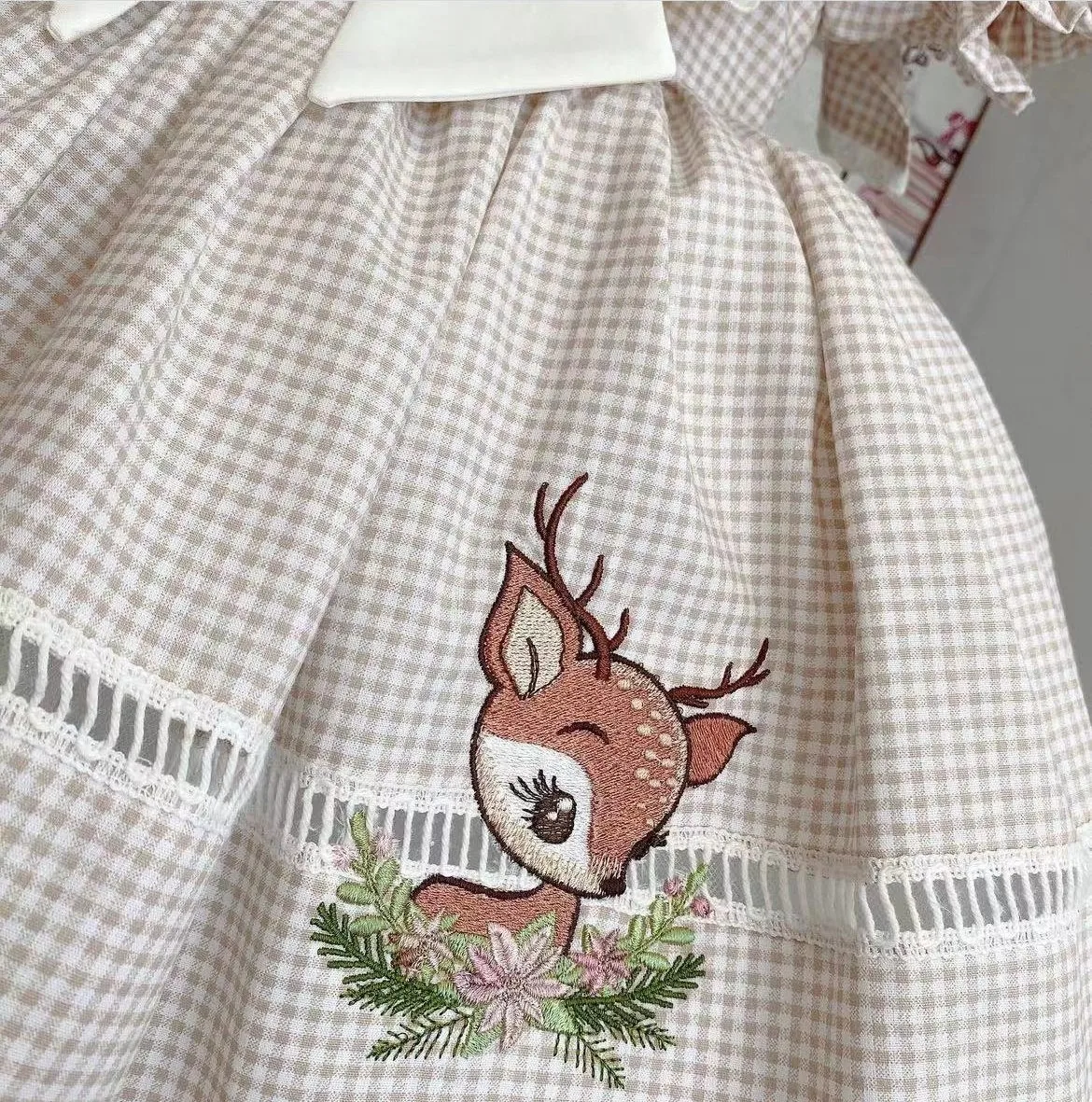 Baby Girl SummerBeige Plaid Deer Embroidery Turkish Vintage Ball Gown Princess Dress for Easter Eid Birthday Party