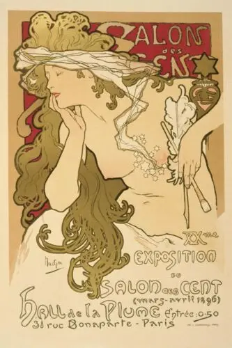 Salon Des Cent Mucha Vintage Illustration Aged Look Retro Style Metal Sign, home sign