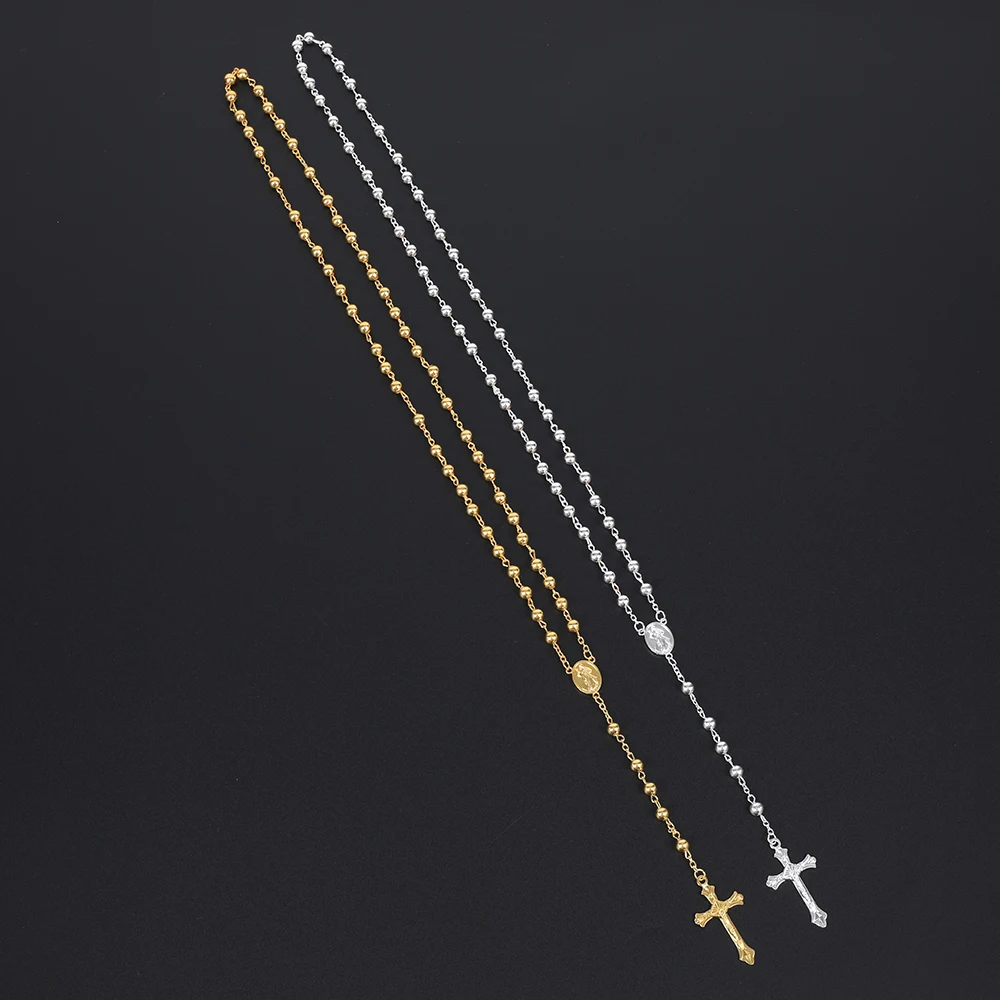 Goldfarbene Rosenkranzkette für Damen und Herren, lange Kette mit 6-mm-Perlen, Kreuzanhänger, religiöser Schmuck für Gebete, Partys, als Geschenk. – Detail 6