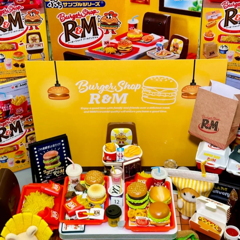 R & M-Burger Shop Miniature Scene Set, Food Play Figure, Trendy Play, Desktop Blind Box Ornament Collection, Original