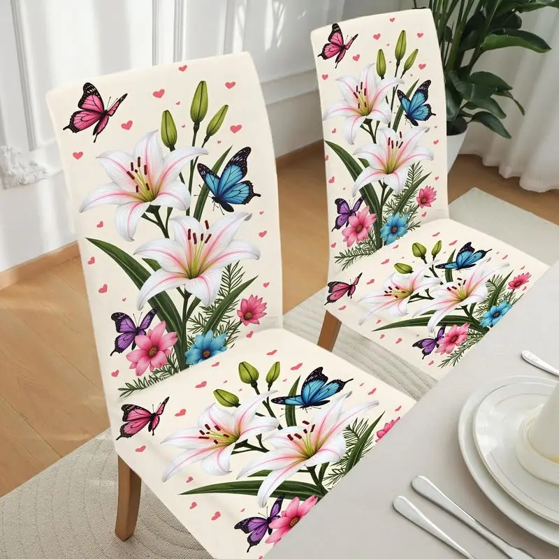 4/6pcs Elegant Lily Butterfly Floral Print Stretch Dining Chair Cover, Removable Washable Anti-Dust Chair Slipcover