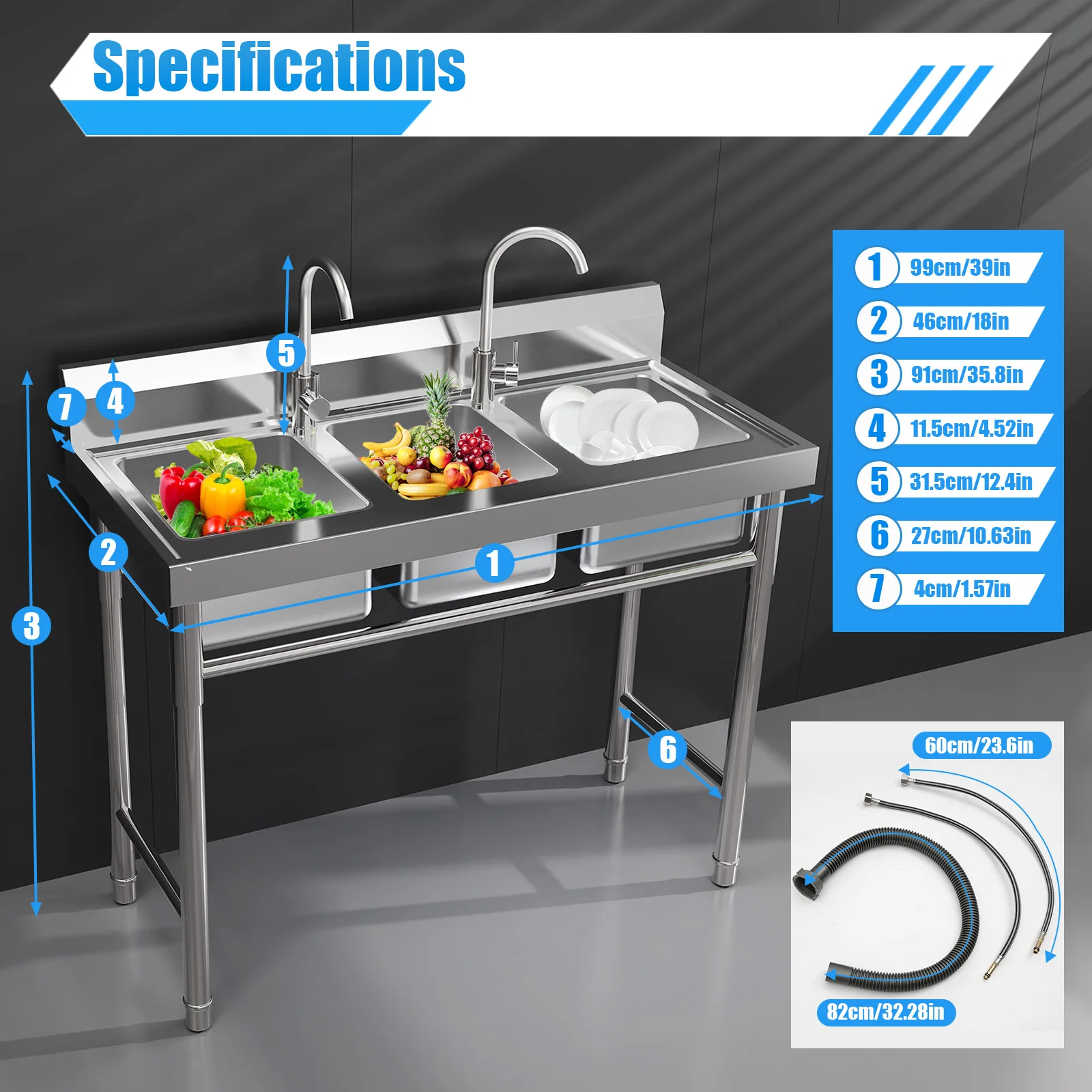 

304 Stainless Steel 3 Basin Kitchen Sink Silver Modern 2 Rotating Faucets PVC Food Dish Cleaning Garage Laundry Room Restaurant